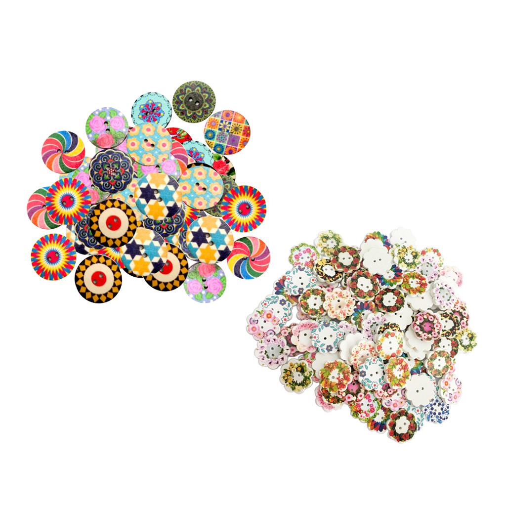 200Pcs 2 Holes Painted Flower Sewing Wooden Button for Clothes Accessories