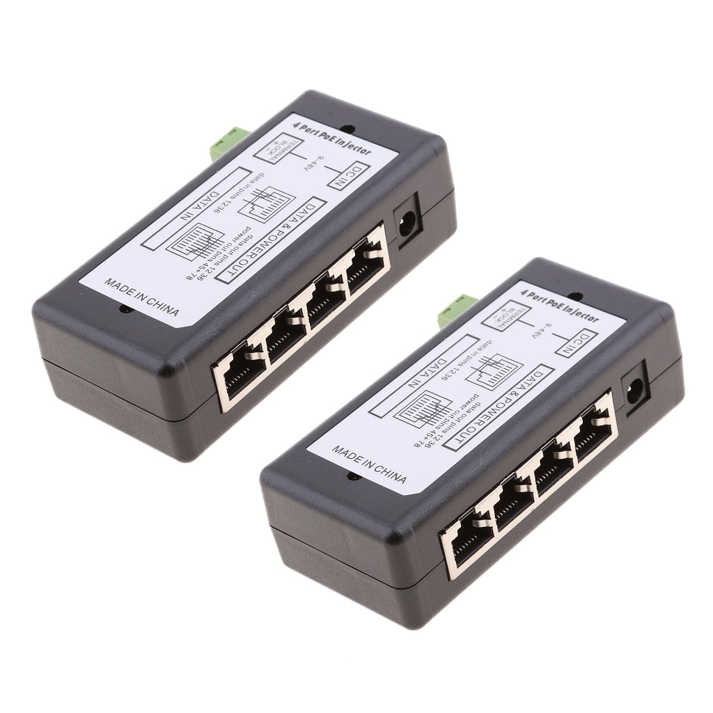2Pieces 4 POE Ports Injector Switch 12-48V Power Supply Module Over Ethernet