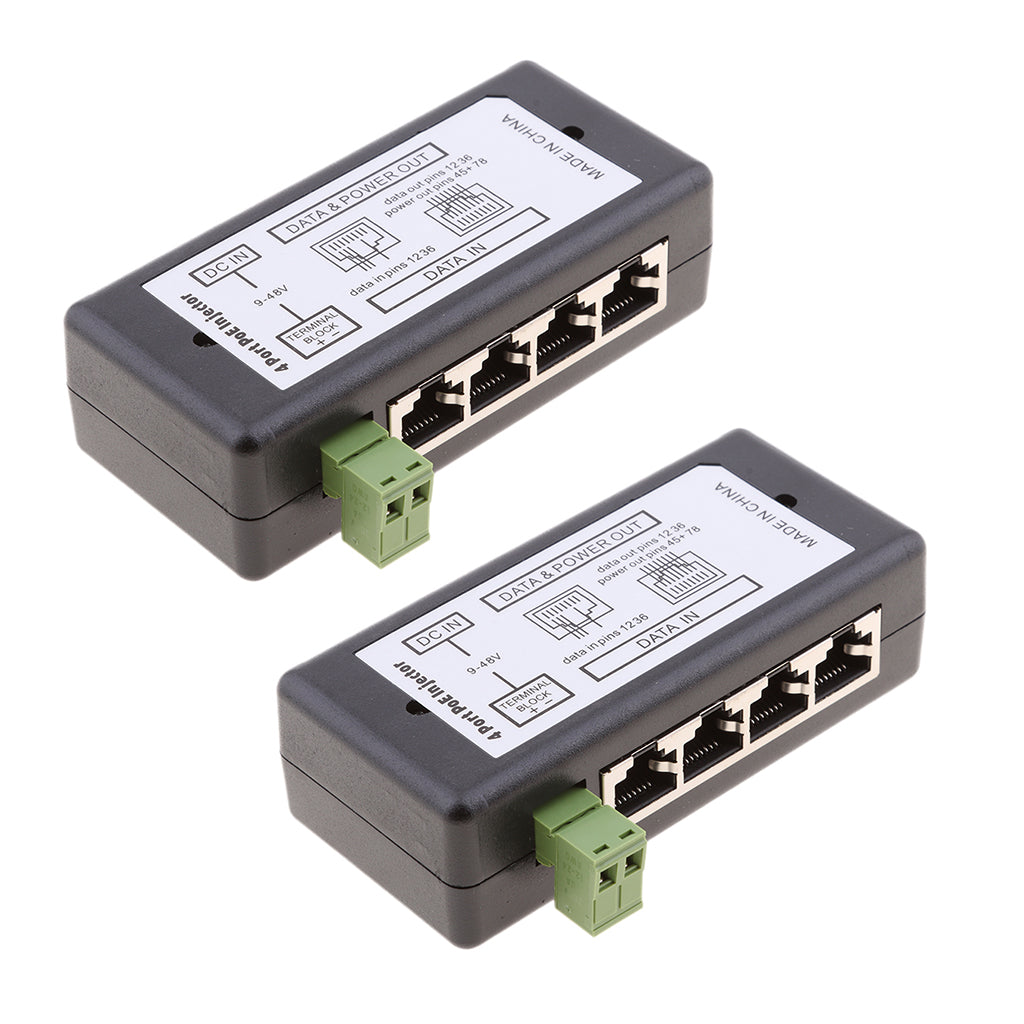 2Pieces 4 POE Ports Injector Switch 12-48V Power Supply Module Over Ethernet