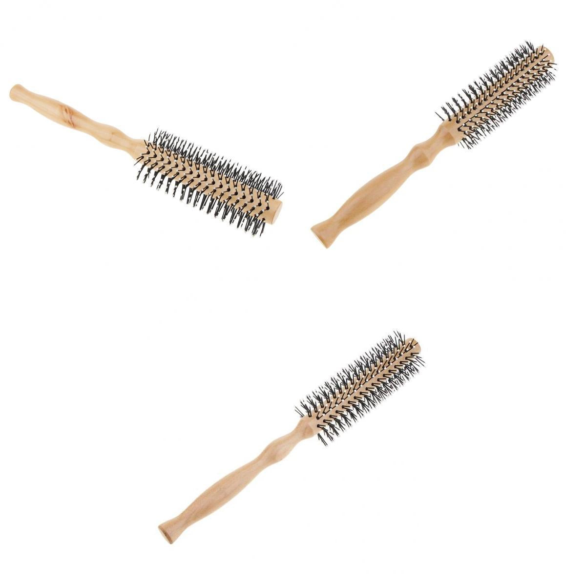 3x Wooden Lotus Round Hair Care Brush Wavy Curling Detangling Comb Hairbrush