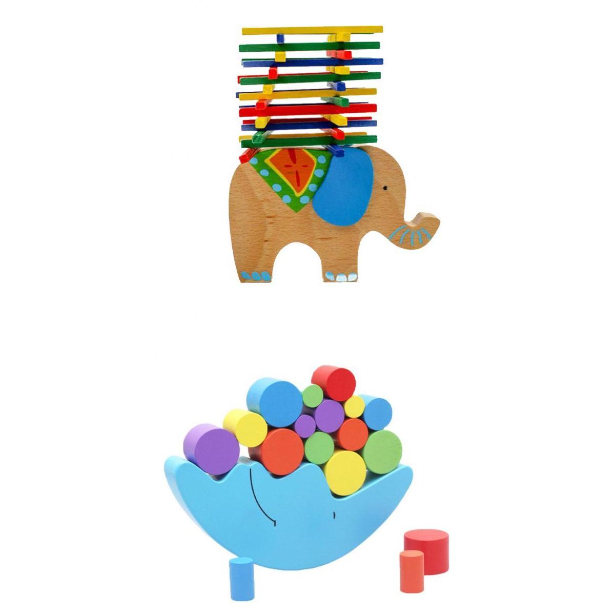 2 Sets Wooden Moon & Elephant Beam Balance Stacking Blocks Educational Toy