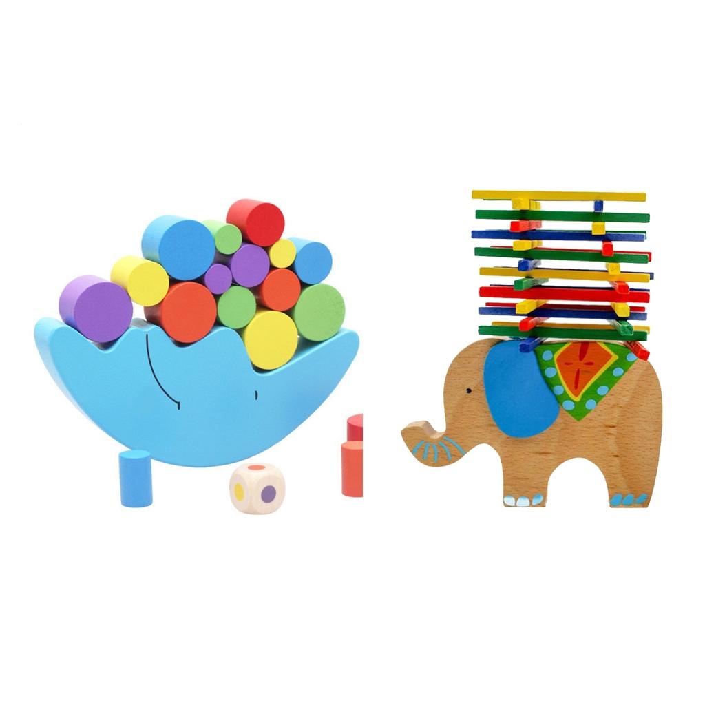2 Sets Wooden Moon & Elephant Beam Balance Stacking Blocks Educational Toy