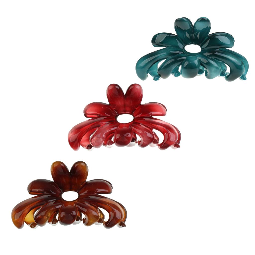 3 Pieces Women Simple Floral Gorgeous Color Acrylic Hair Claw Clip Accessory