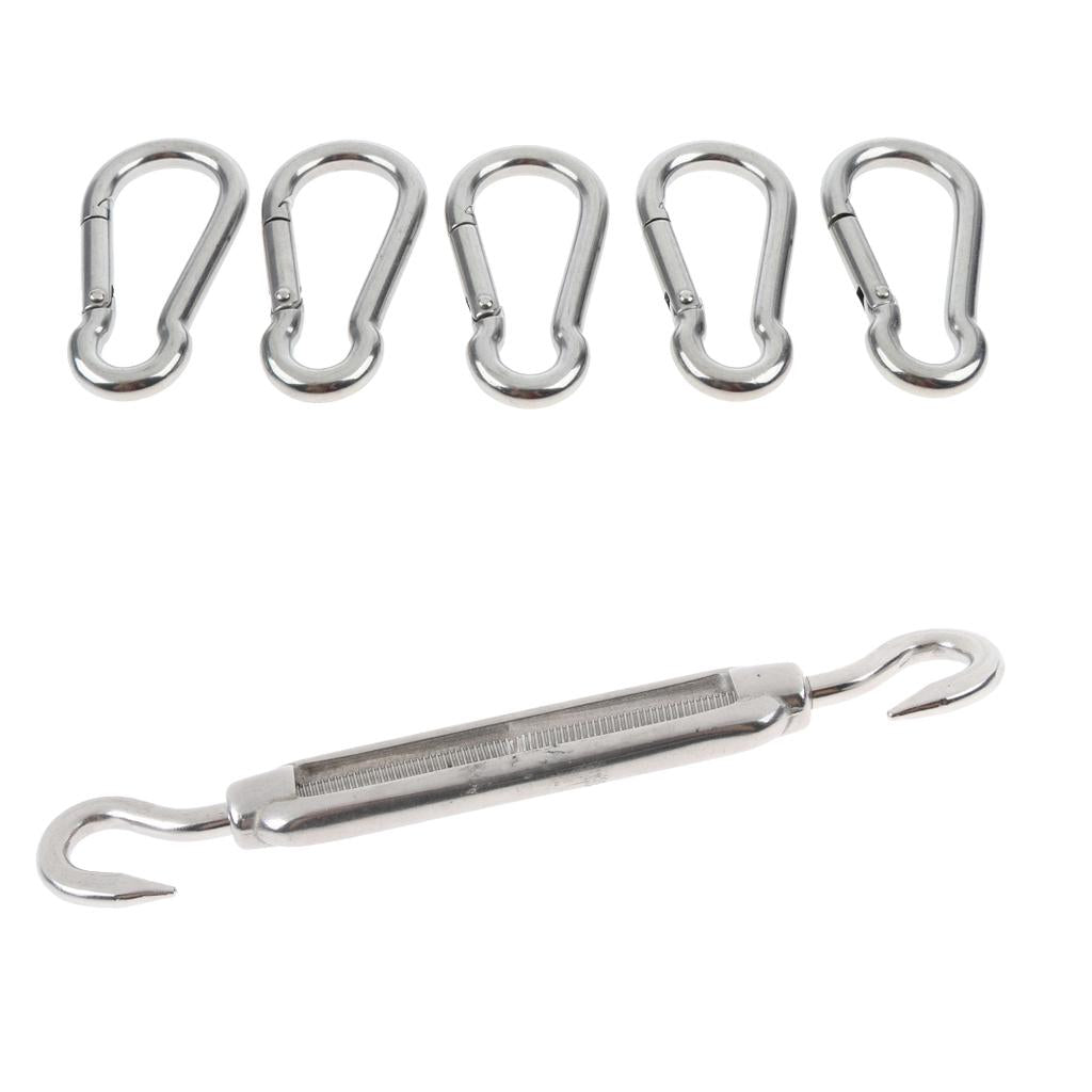 1x Stainless Steel 304 Hook&Hook Turnbuckle M6&5x Pear-shaped Carabiner 7mm