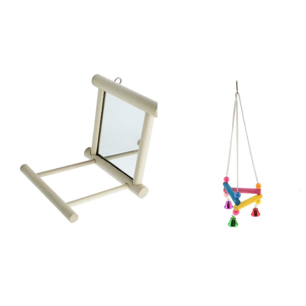 2 pcs Bird Swing Parrot Cage Toys Hanging Play with Mirror Landing Perch