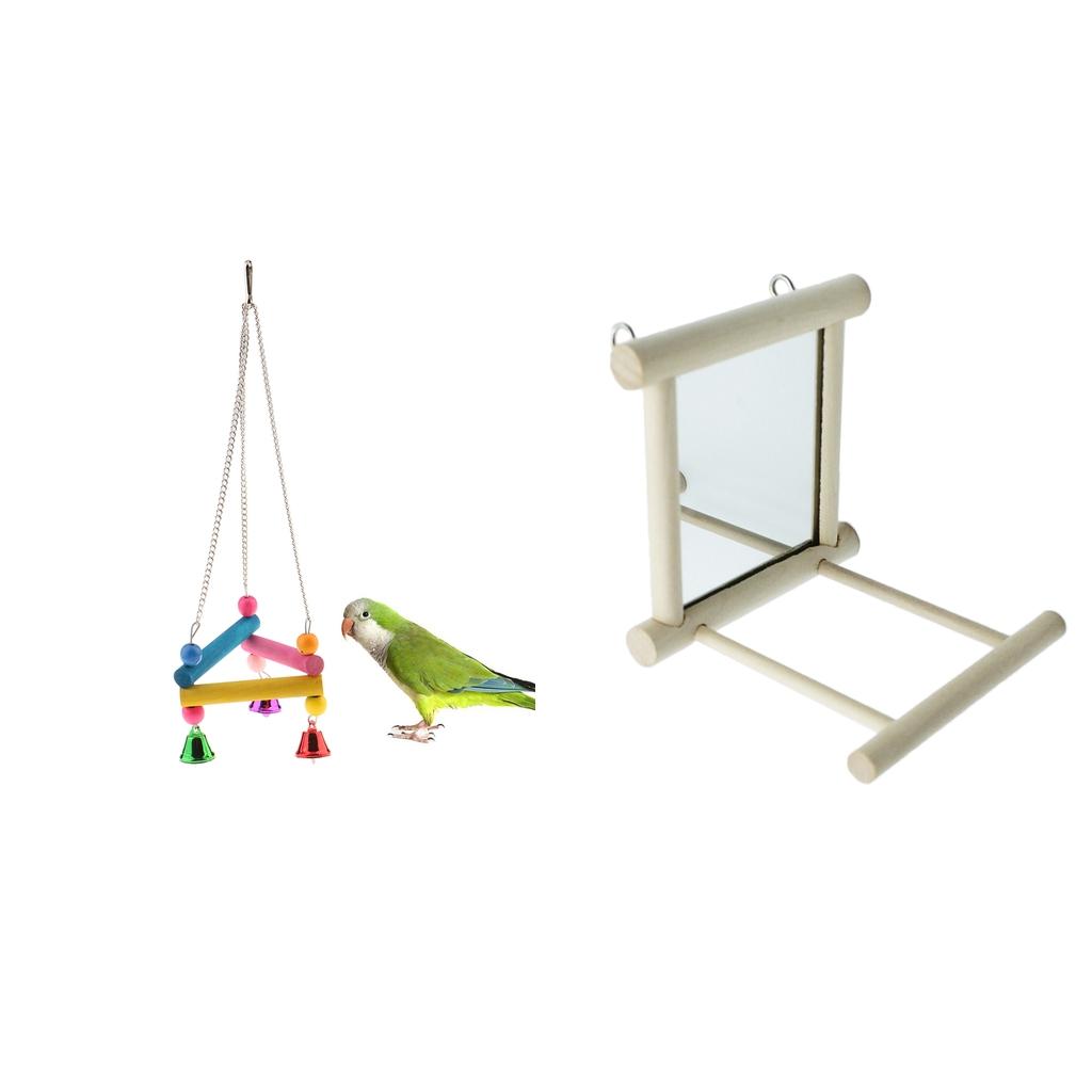 2 pcs Bird Swing Parrot Cage Toys Hanging Play with Mirror Landing Perch