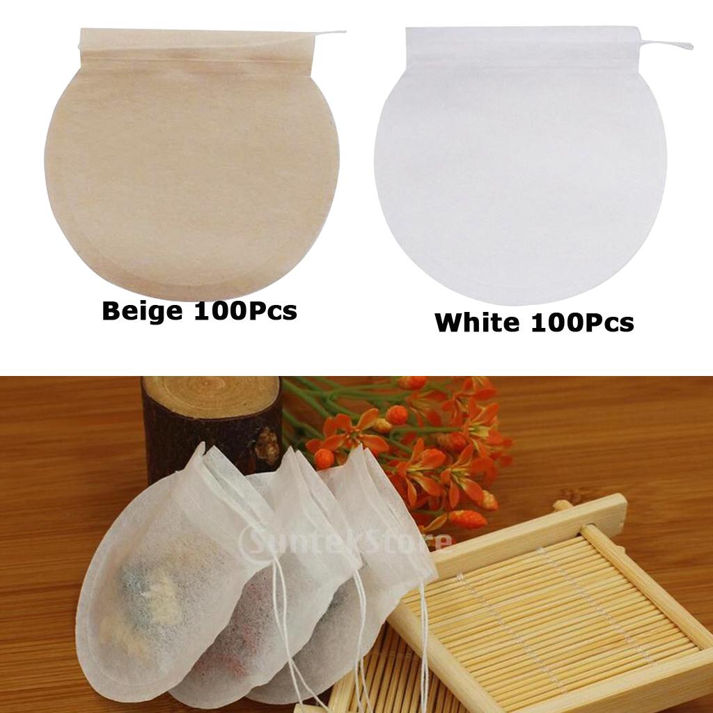 200Pcs Empty Tea Filter Bags Loose Herbs Teabag with Drawstring Beige&White
