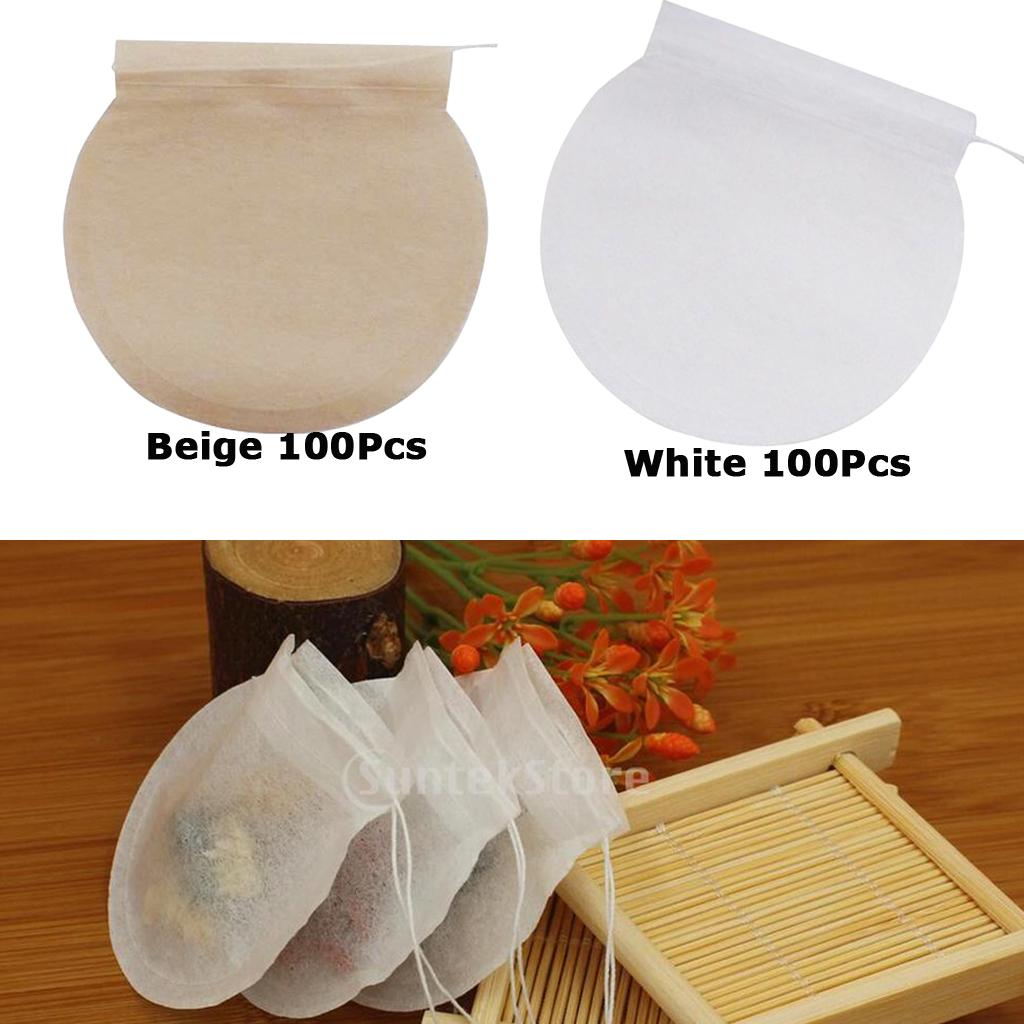 200Pcs Empty Tea Filter Bags Loose Herbs Teabag with Drawstring Beige&White