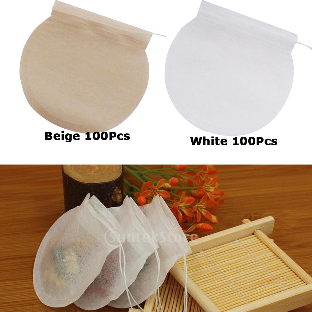 200Pcs Empty Tea Filter Bags Loose Herbs Teabag with Drawstring Beige&White