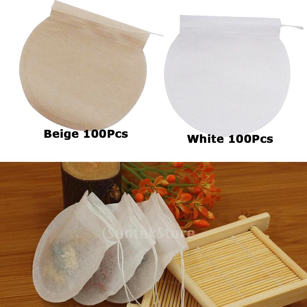 200Pcs Empty Tea Filter Bags Loose Herbs Teabag with Drawstring Beige&White