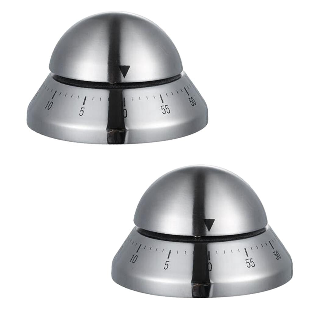 2x Stainless Steel 60min Clock Kitchen Timer UFO Round Mechanical Reminder