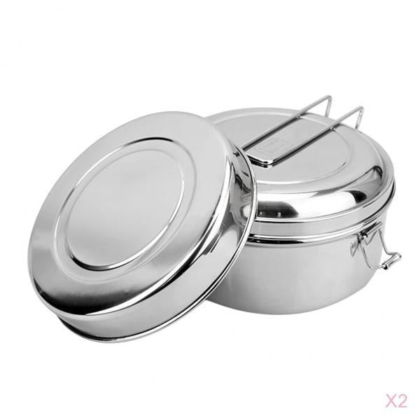 2x Stainless Steel Lunch Bags Round Lunch Box Food Bento Container Large