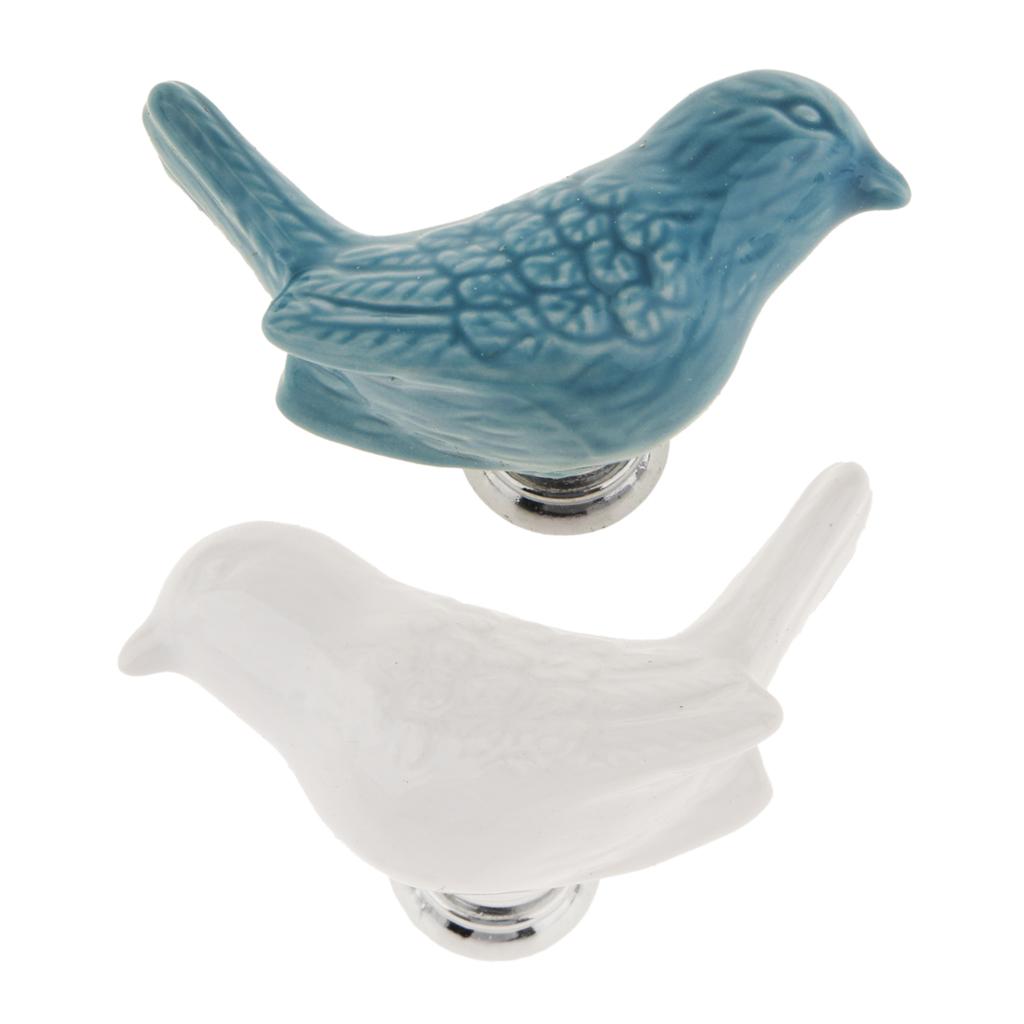 2x Creative Bird Ceramic Drawer Cabinet Cupboard Door Pull Handle Knob Blue