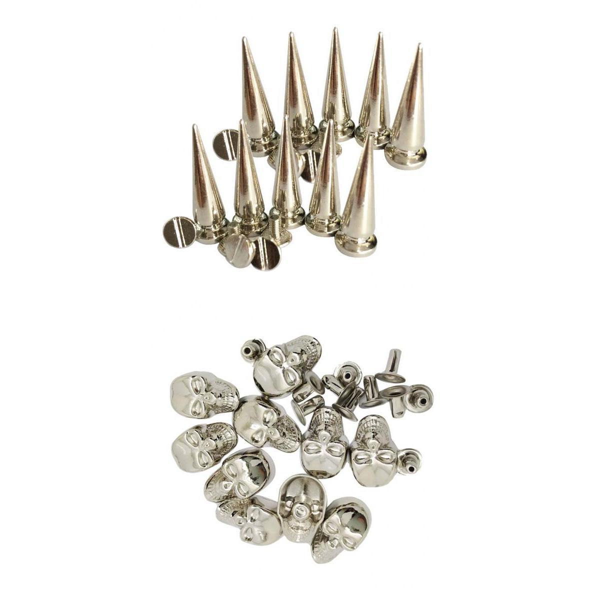 20 Sets Skull/Cone Studs Rivets Punk Rock DIY Spikes Shoes Bags Decor Silver