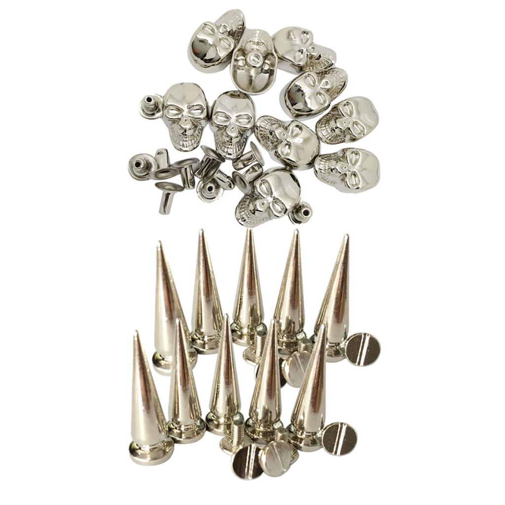 20 Sets Skull/Cone Studs Rivets Punk Rock DIY Spikes Shoes Bags Decor Silver