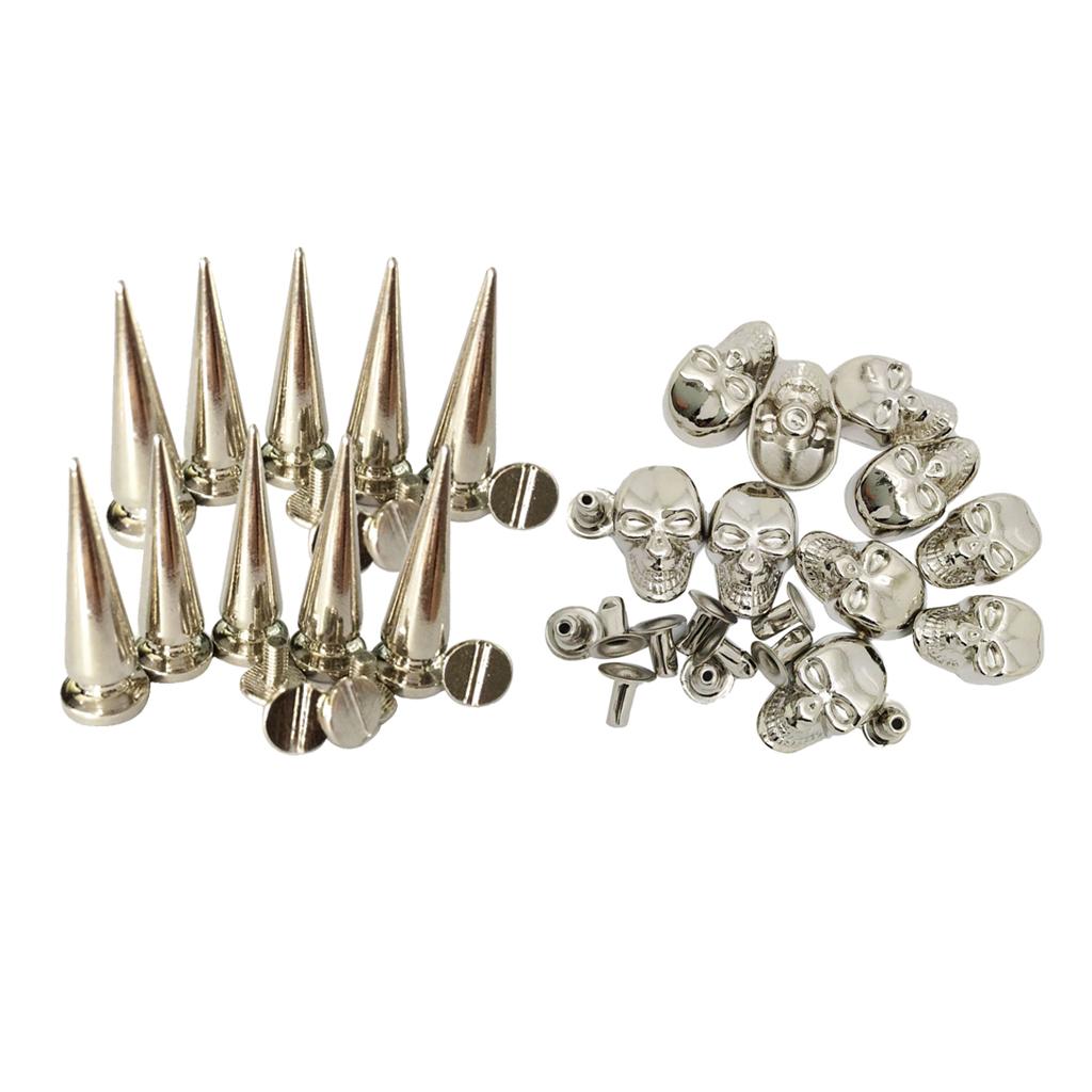 20 Sets Skull/Cone Studs Rivets Punk Rock DIY Spikes Shoes Bags Decor Silver