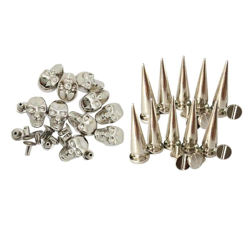 20 Sets Skull/Cone Studs Rivets Punk Rock DIY Spikes Shoes Bags Decor Silver