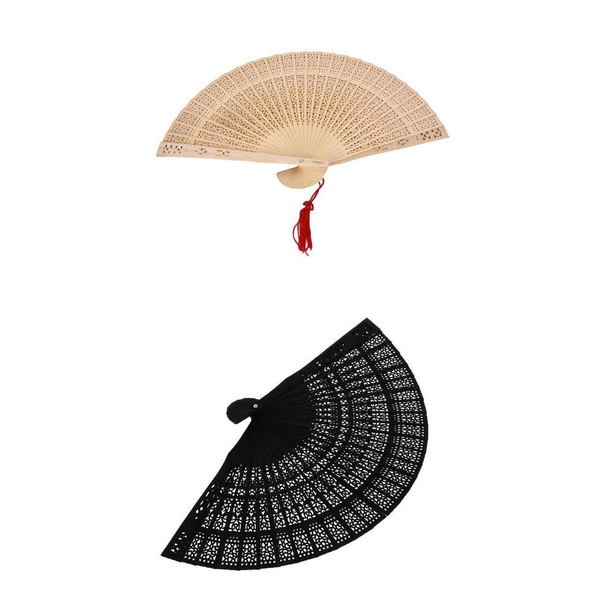 2x Vintage Wood Hollow Out Carved Hand Fan Foldable Fan Folding Pocket Fan