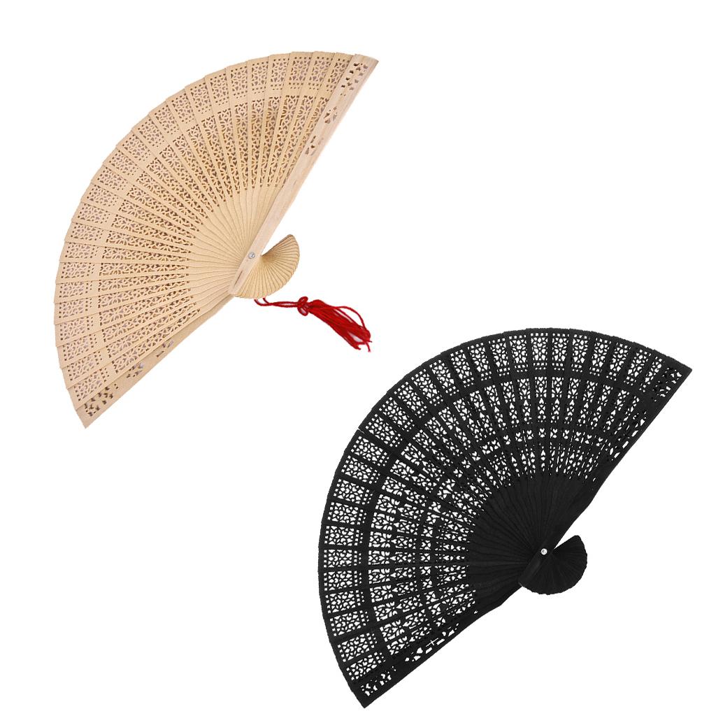 2x Vintage Wood Hollow Out Carved Hand Fan Foldable Fan Folding Pocket Fan