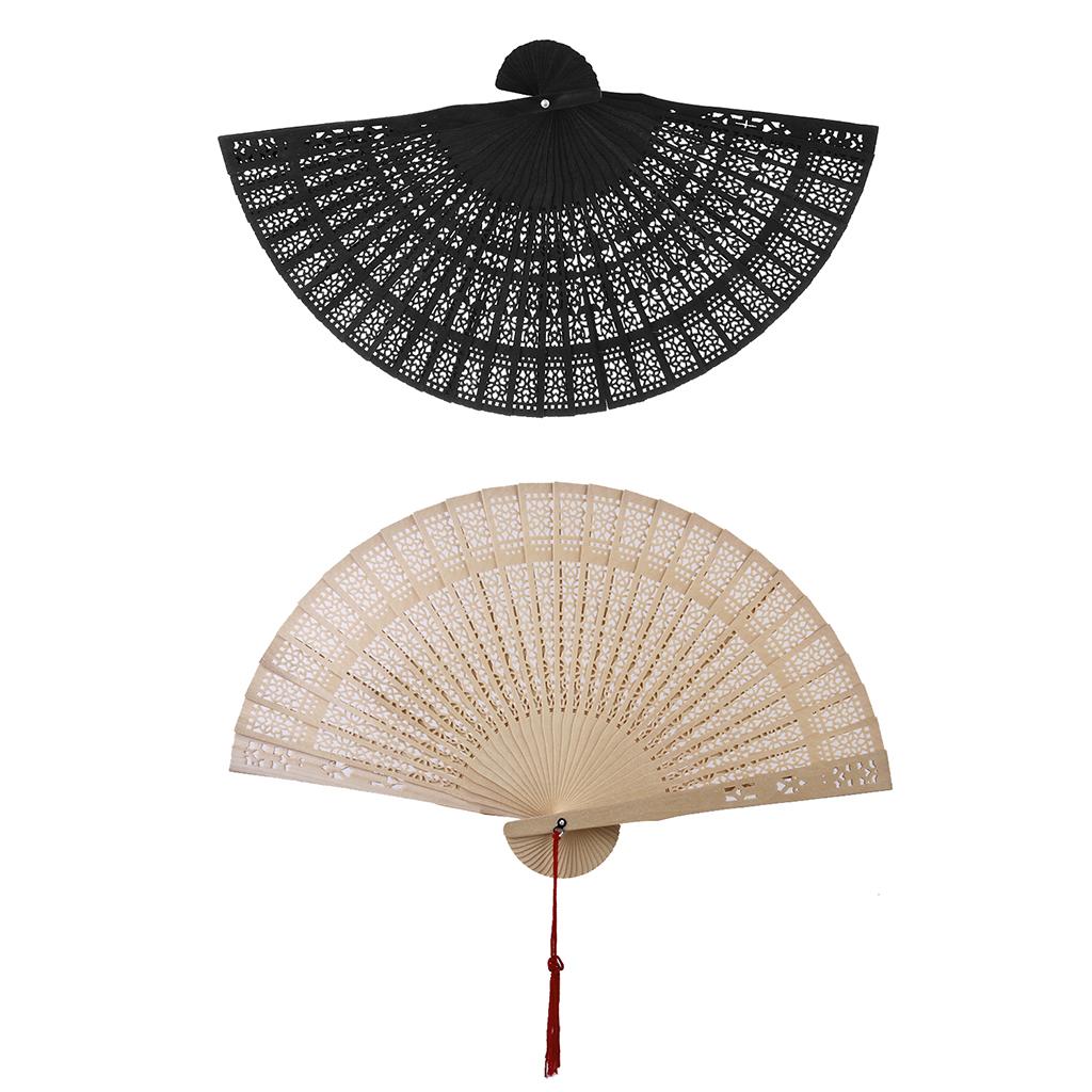 2x Vintage Wood Hollow Out Carved Hand Fan Foldable Fan Folding Pocket Fan