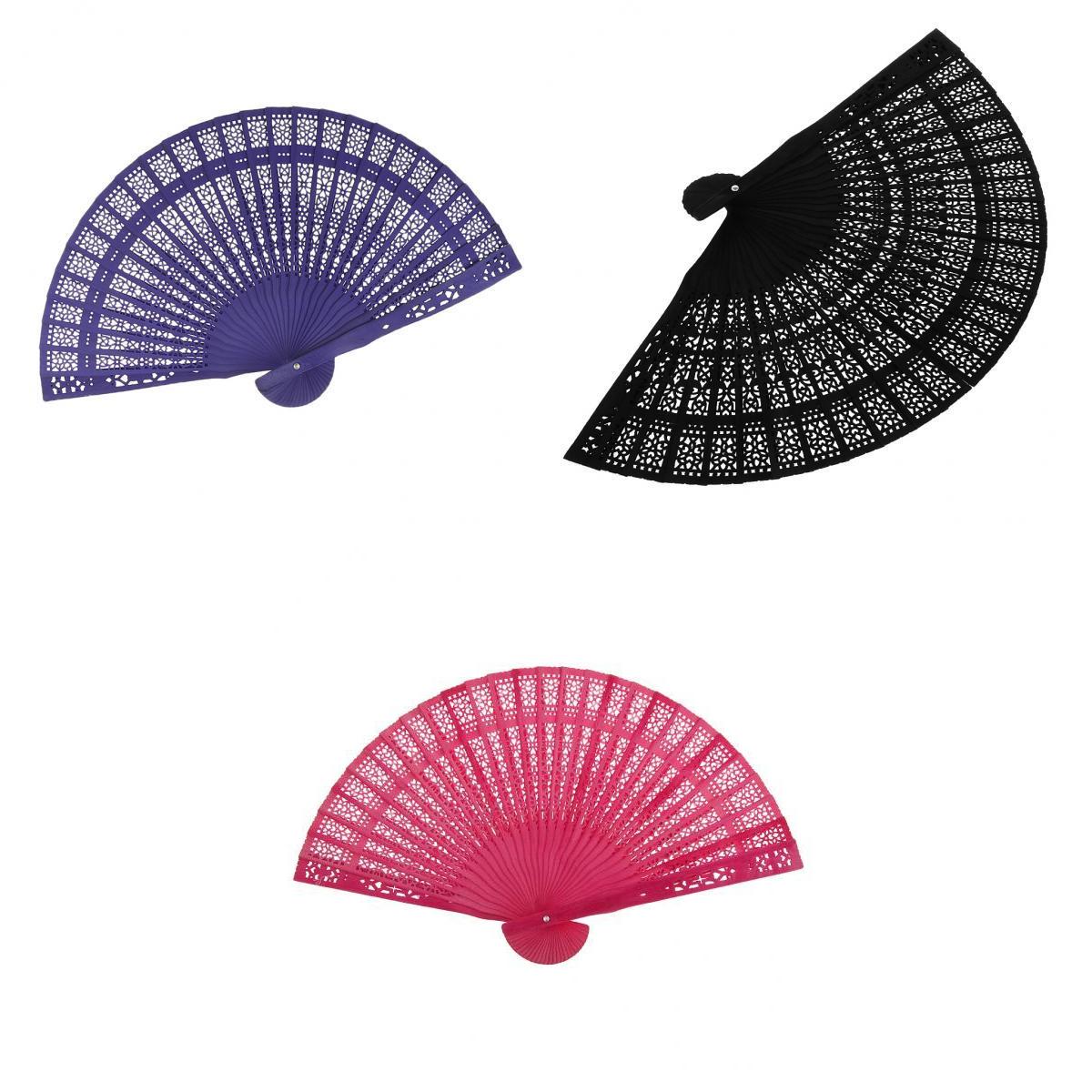 3x Vintage Wood Hollow Out Carved Hand Fan Foldable Fan Folding Pocket Fan