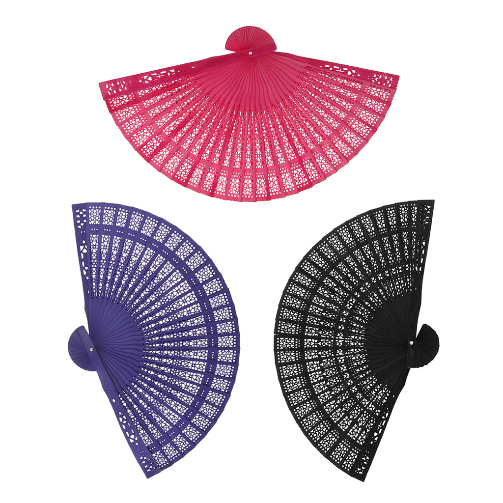 3x Vintage Wood Hollow Out Carved Hand Fan Foldable Fan Folding Pocket Fan