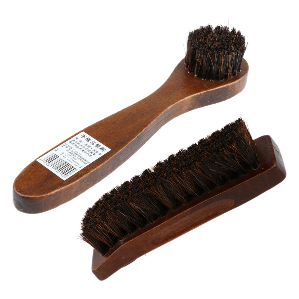 2x Long Wood Handle Bristle Horse Hair Brush Shoe Boot Polish Shine Cleaning