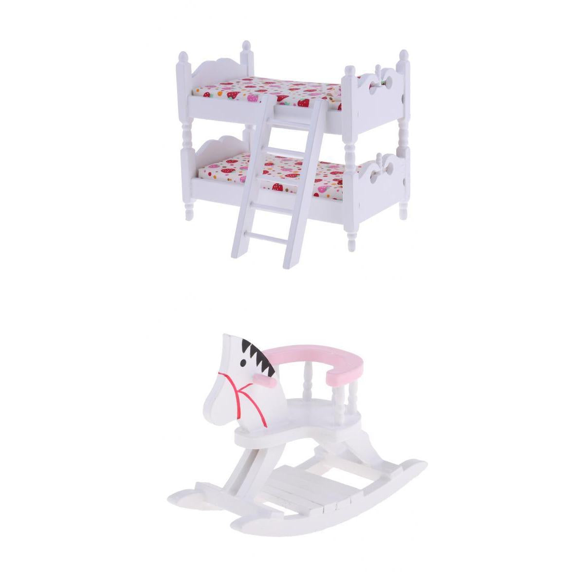 1/12 Dollhouse Miniature Furniture Wood Bunk Bed Rocking Horse Bedroom Decor