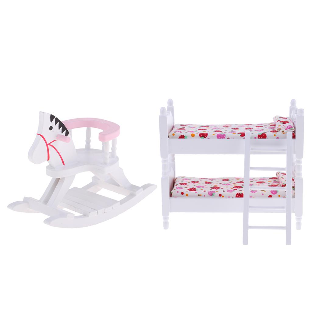 1/12 Dollhouse Miniature Furniture Wood Bunk Bed Rocking Horse Bedroom Decor