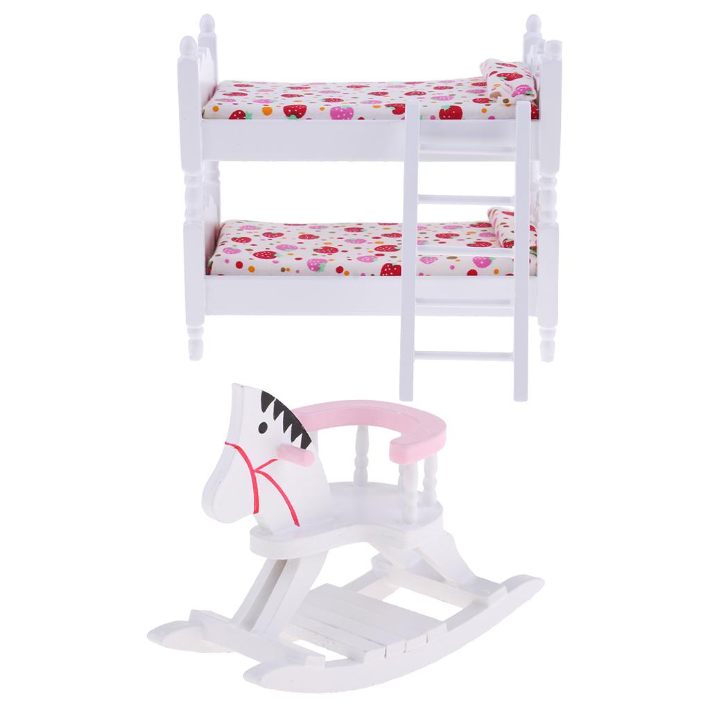 1/12 Dollhouse Miniature Furniture Wood Bunk Bed Rocking Horse Bedroom Decor