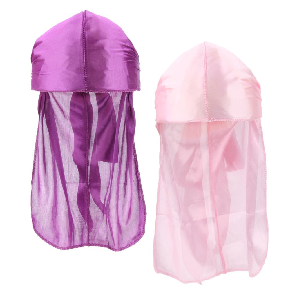 2 Pieces Durag Headwear Cap Hair Loss Scarf Bandana Turban Pink+Purple