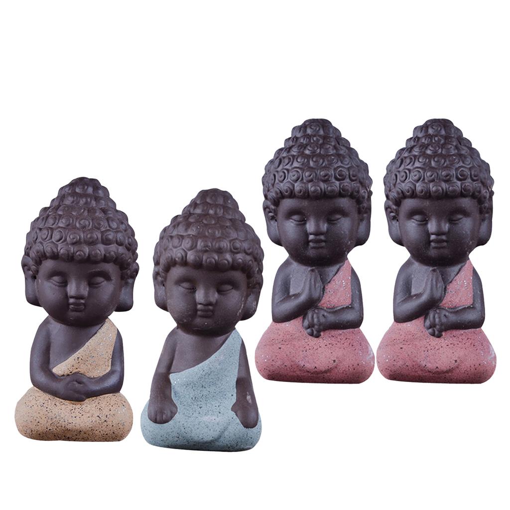 4 Pieces Tea Tray Decor - Little Monk Buddha Ceramic Statues Holder Tea Pet
