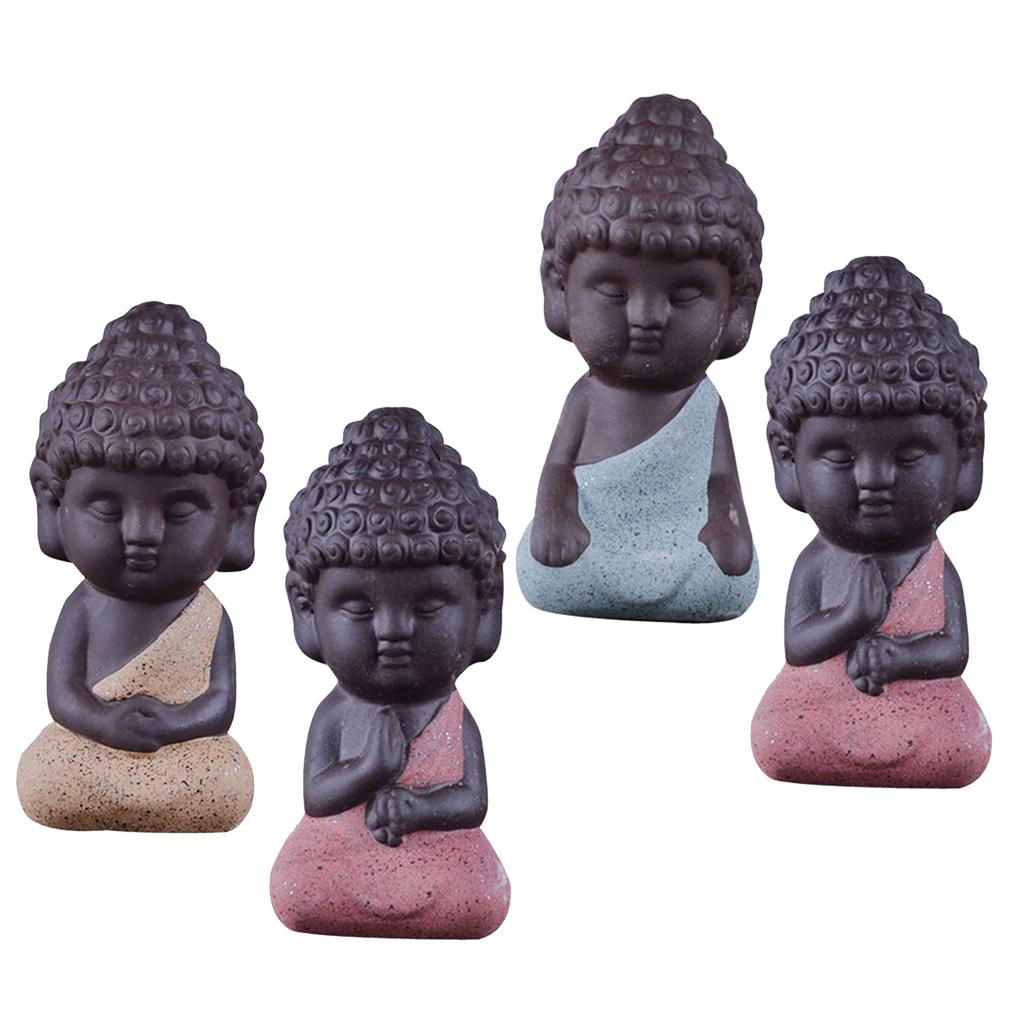 4 Pieces Tea Tray Decor - Little Monk Buddha Ceramic Statues Holder Tea Pet