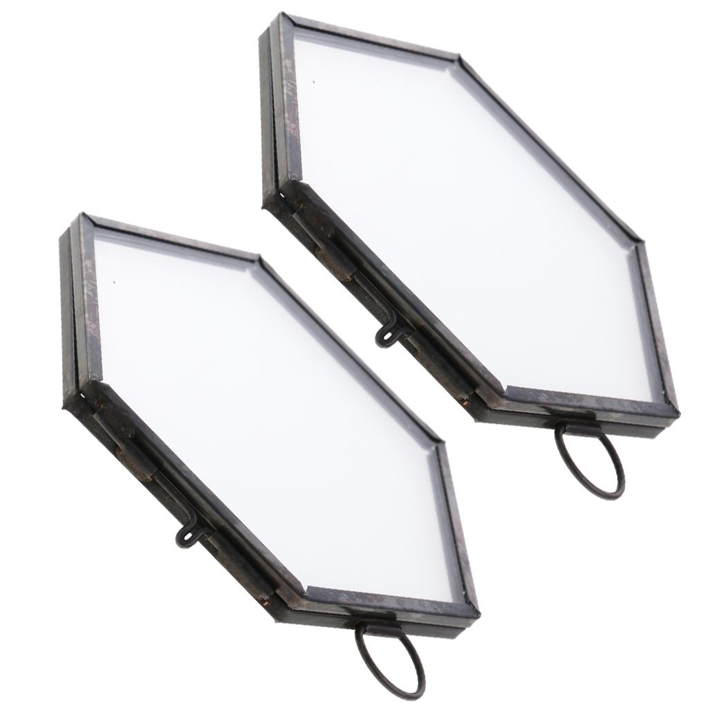 2 Pieces Modern Wall Hanging Hexagon Glass Displaying Photo Frame Black