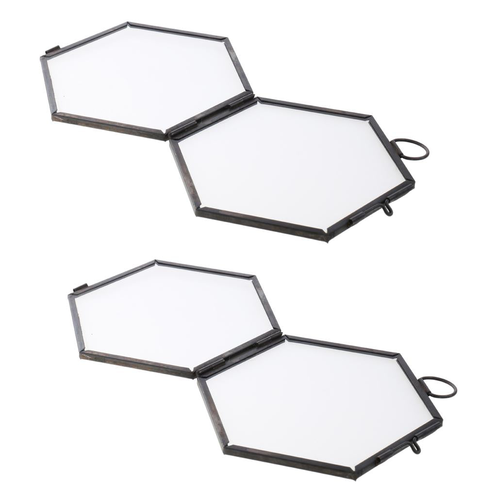 2 Pieces Modern Wall Hanging Hexagon Glass Displaying Photo Frame Black