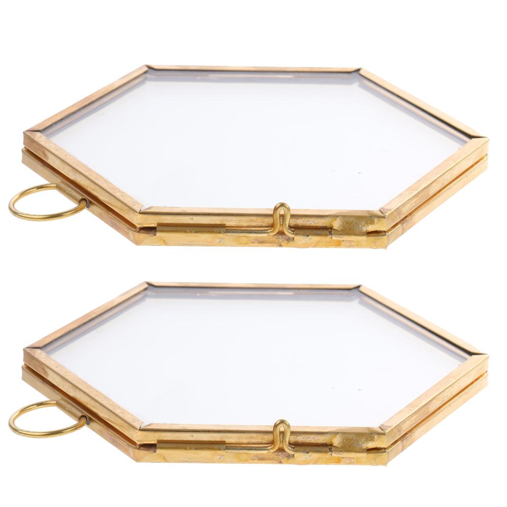 2 Pieces Modern Wall Hanging Hexagon Glass Displaying Photo Frame Copper