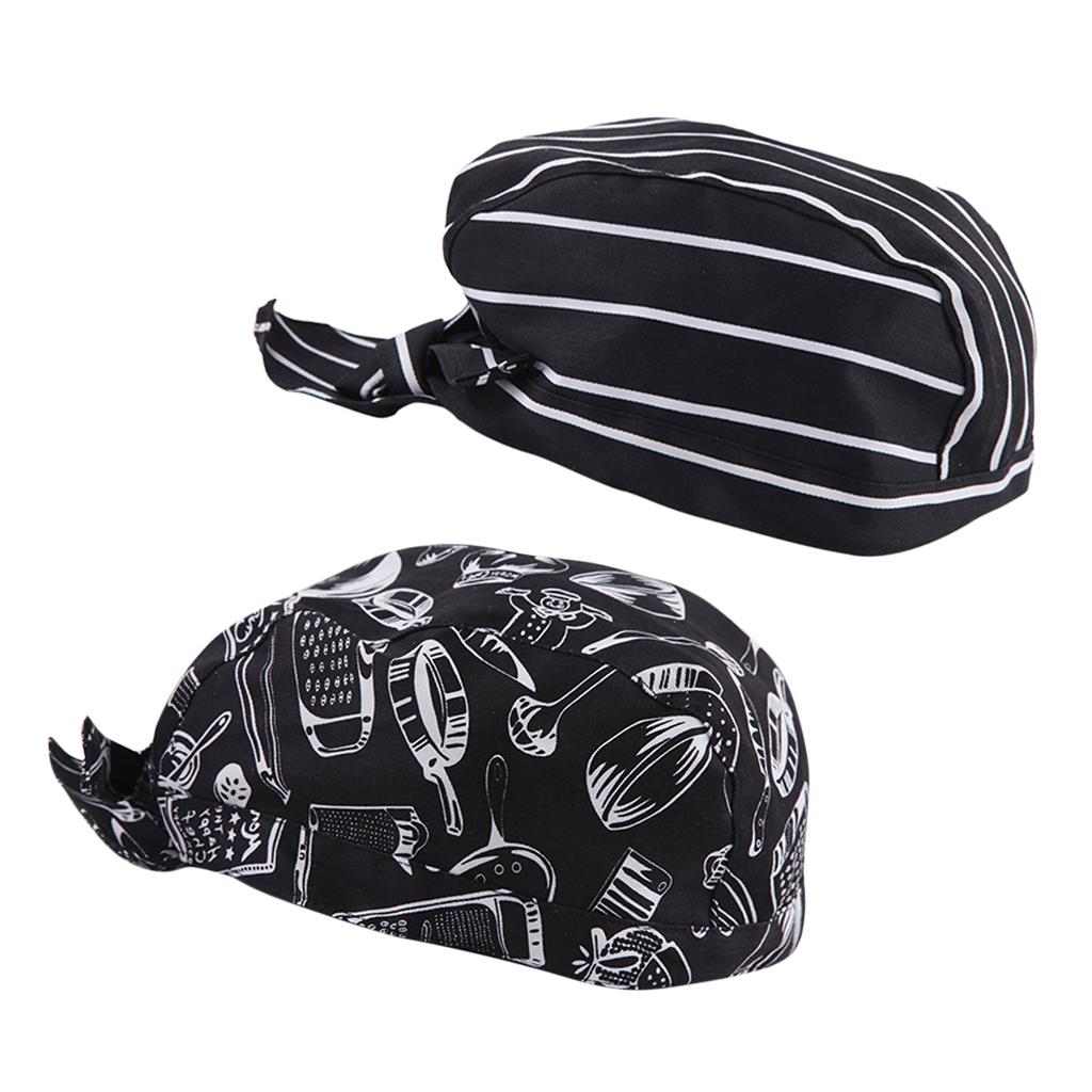 2 Pieces Kitchen Catering Chef Skull Cap Tie Back Pirate Hat Headwrap Unisex