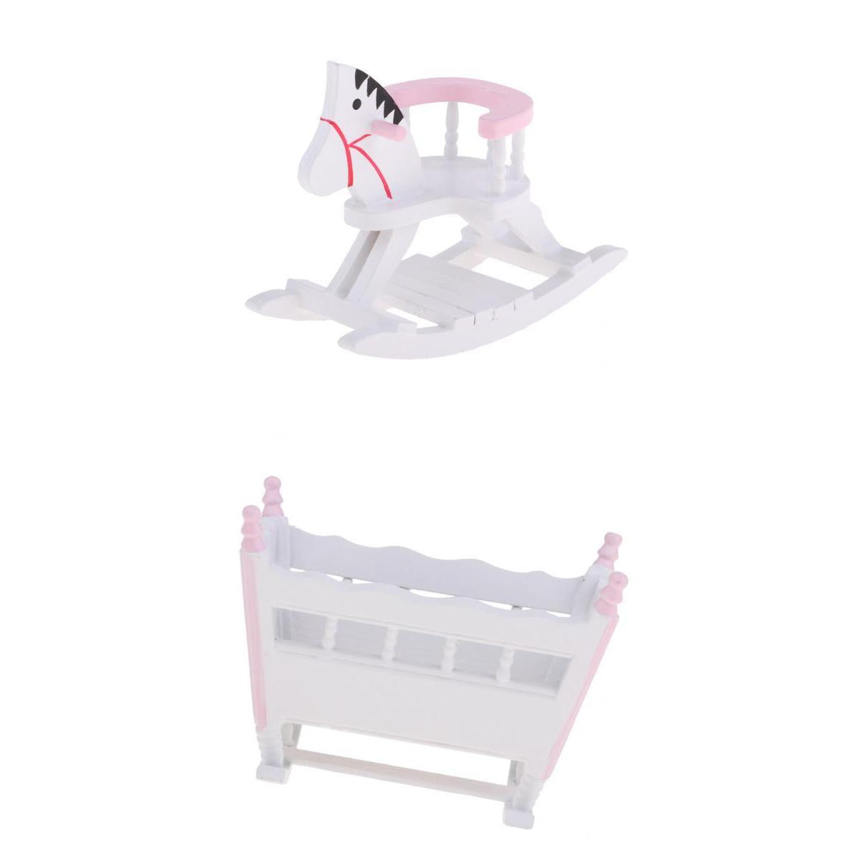 1/12 Dollhouse Miniature Wooden Baby Cradle, Rocking Horse Nursery Room Accs