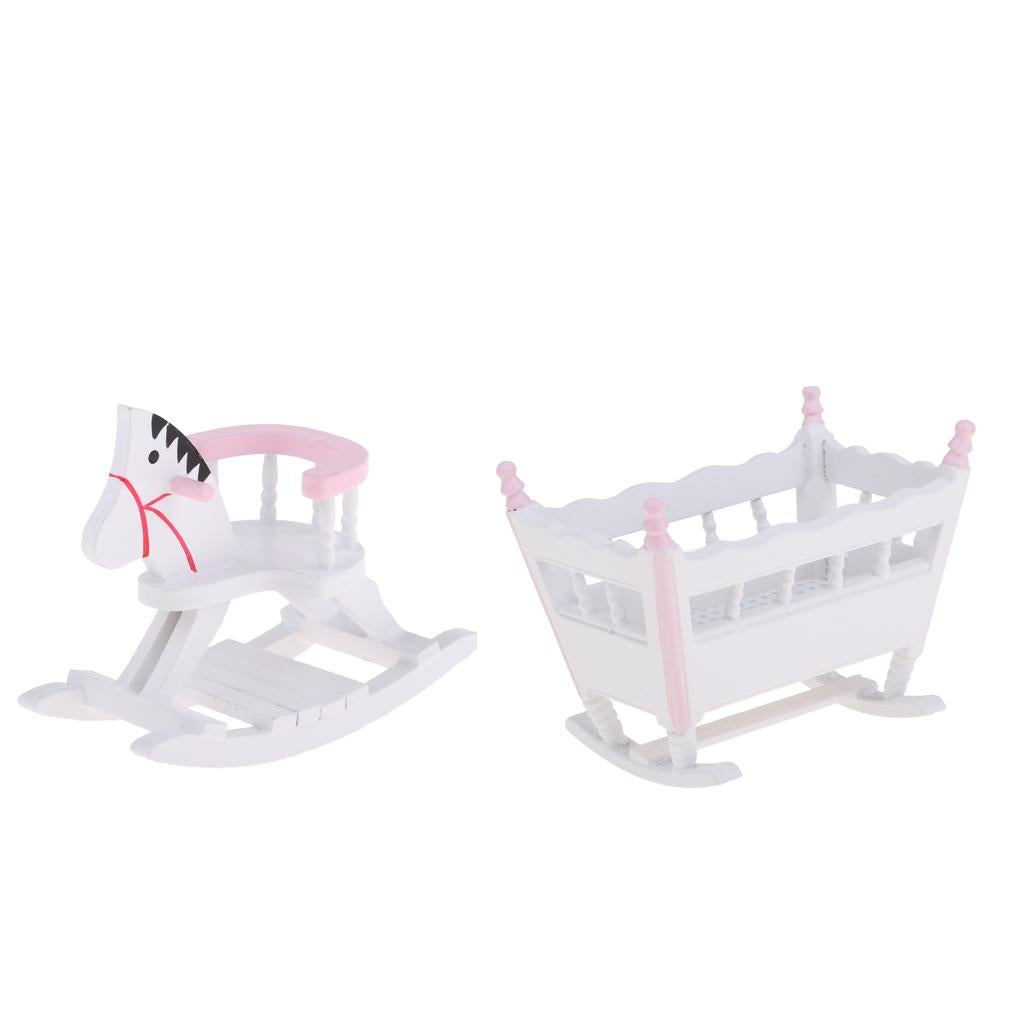 1/12 Dollhouse Miniature Wooden Baby Cradle, Rocking Horse Nursery Room Accs