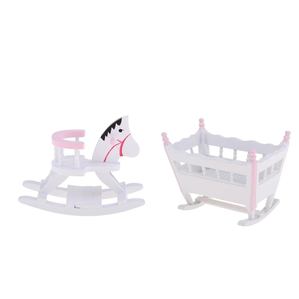 1/12 Dollhouse Miniature Wooden Baby Cradle, Rocking Horse Nursery Room Accs