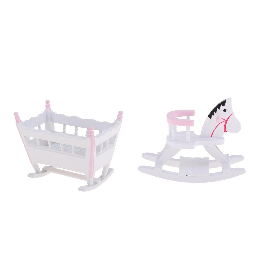 1/12 Dollhouse Miniature Wooden Baby Cradle, Rocking Horse Nursery Room Accs