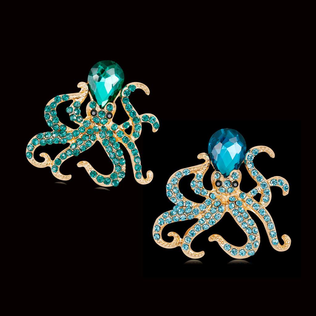 2Pcs Women Octopus Crystal Pin Brooch Alloy with Rhinestone Blue&Green