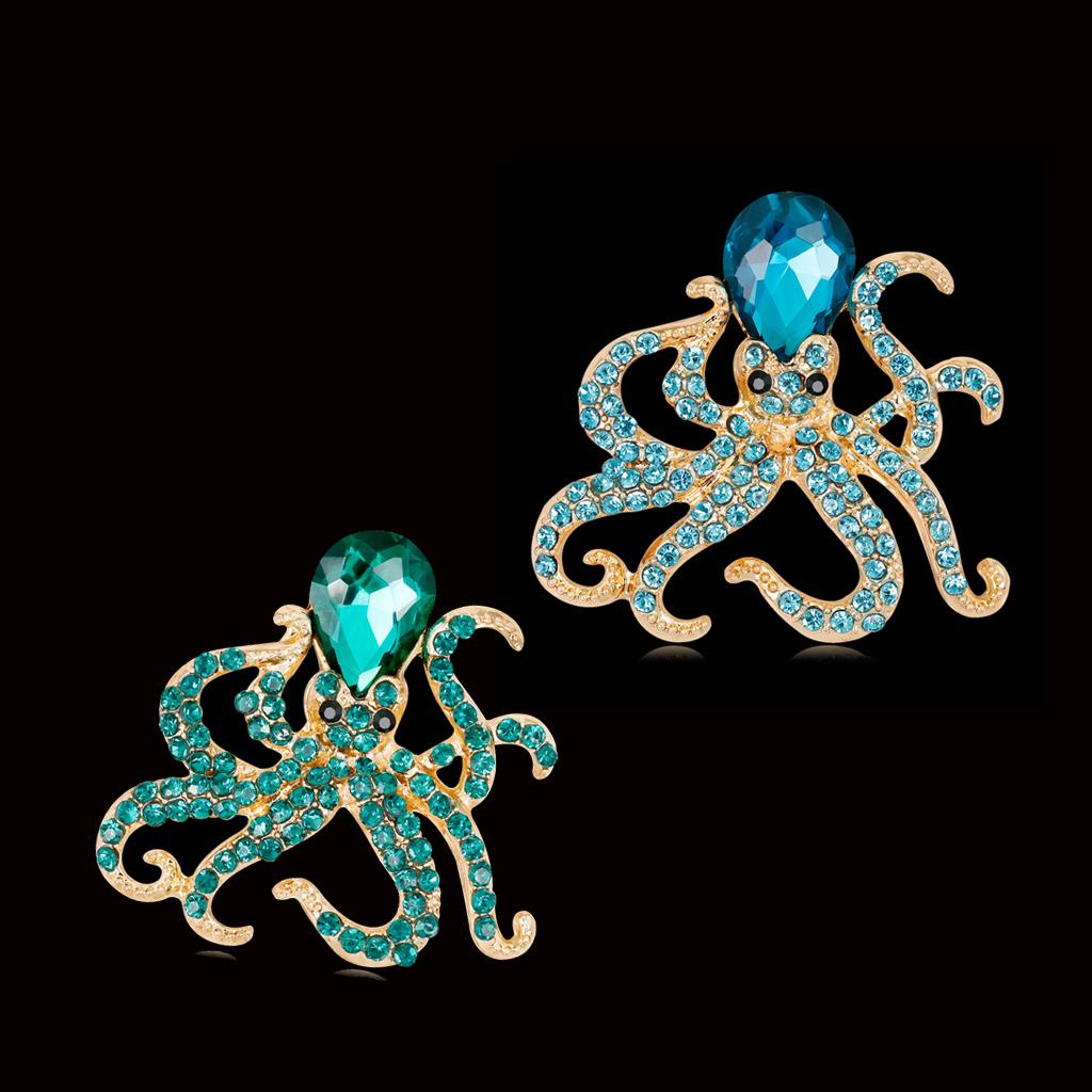 2Pcs Women Octopus Crystal Pin Brooch Alloy with Rhinestone Blue&Green