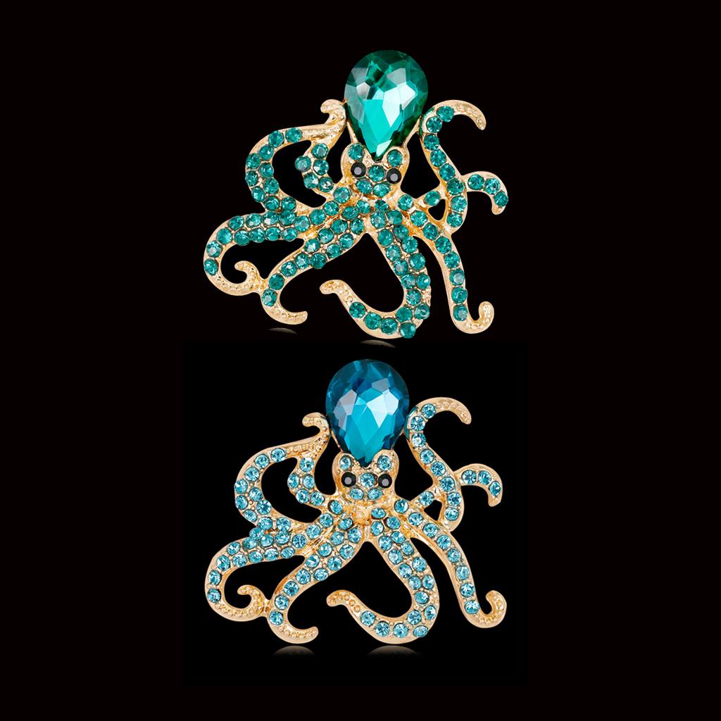 2Pcs Women Octopus Crystal Pin Brooch Alloy with Rhinestone Blue&Green