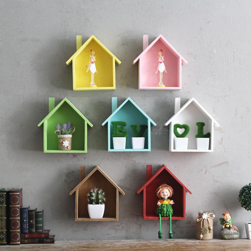 2pcs Wooden House Shape Shelf Wood Children Bedroom Craft Decor White+Pink