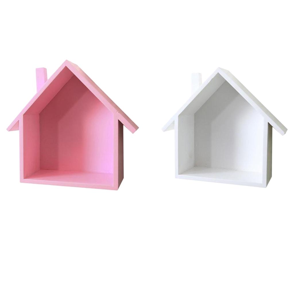2pcs Wooden House Shape Shelf Wood Children Bedroom Craft Decor White+Pink