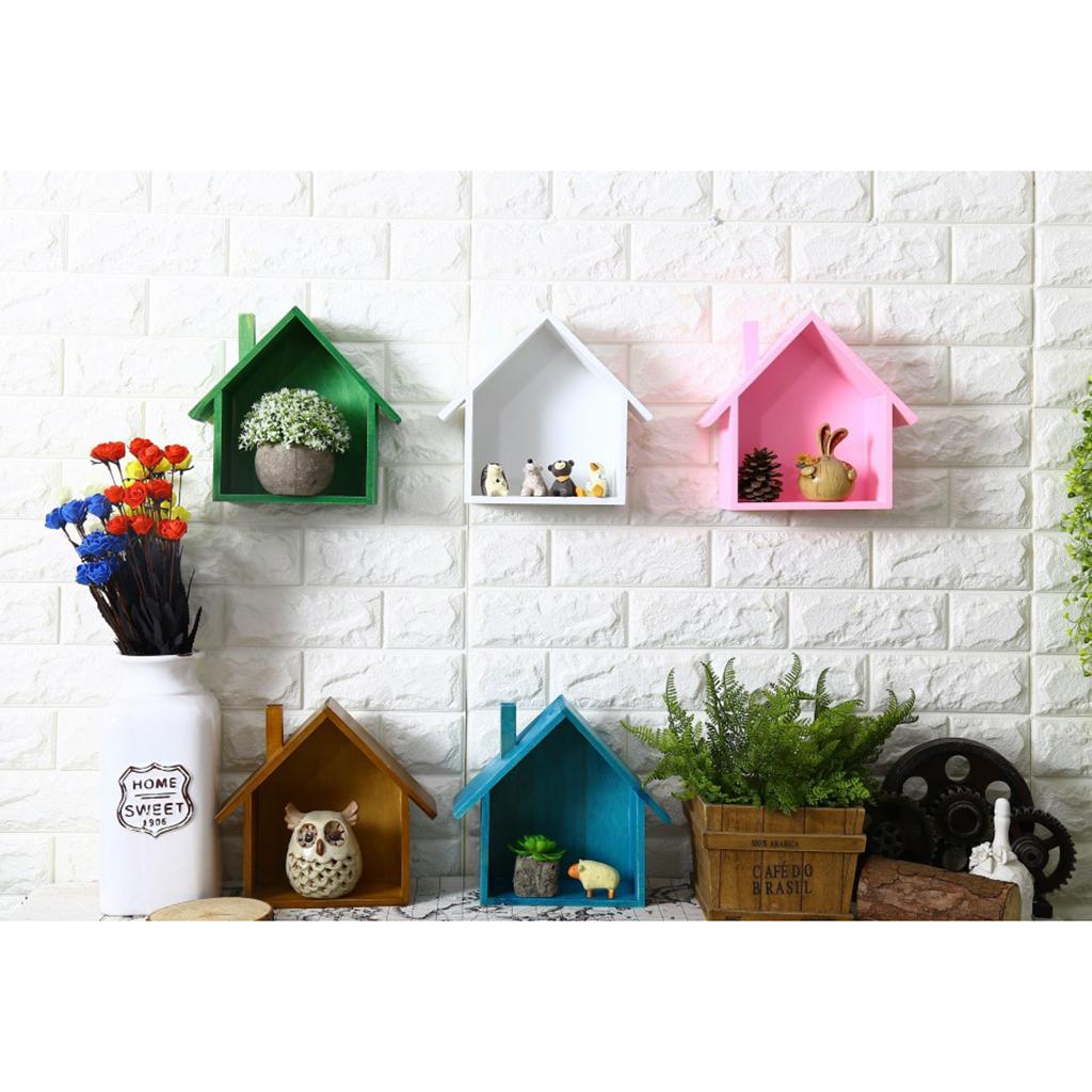 2pcs Wooden House Shape Shelf Wood Children Bedroom Craft Decor White+Pink