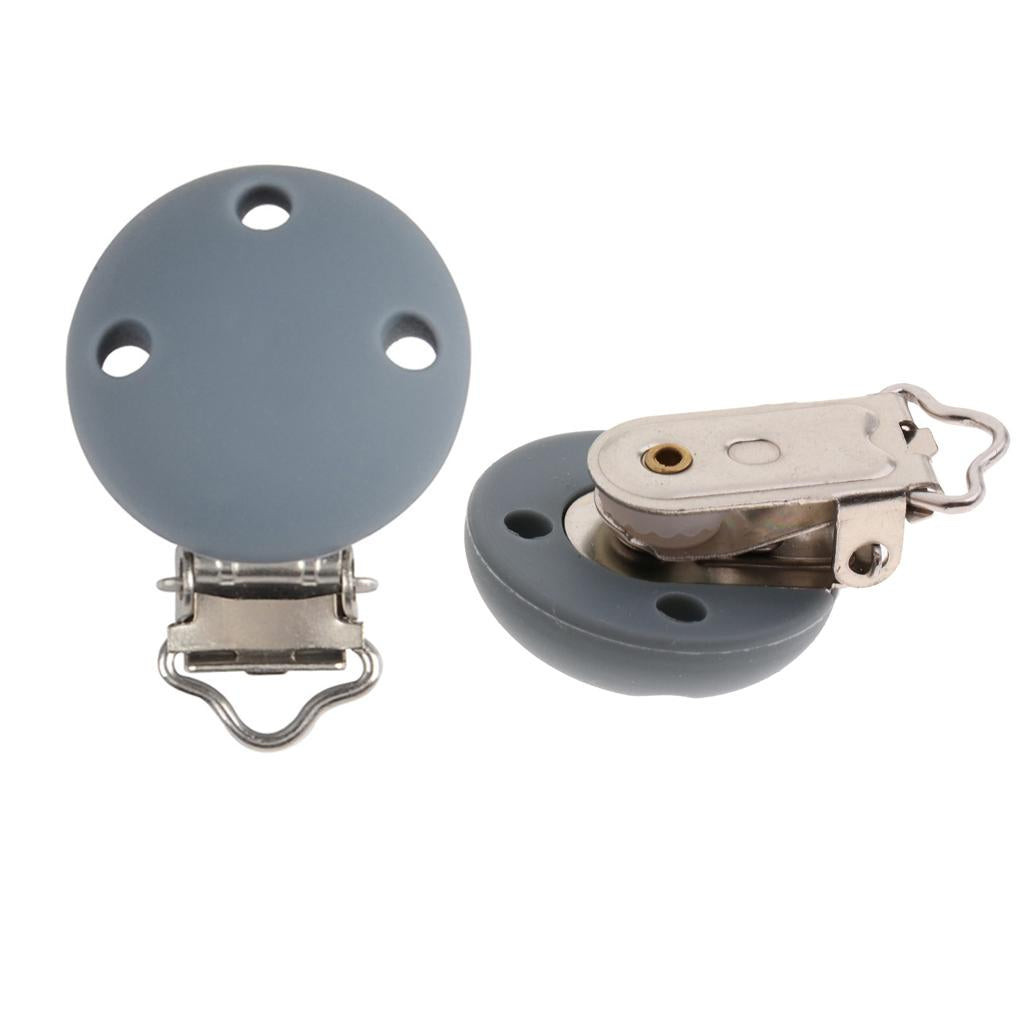 2Pcs Cute Baby Pacifier Round Silicone Soother Clip Metal Holders Clasp Gray