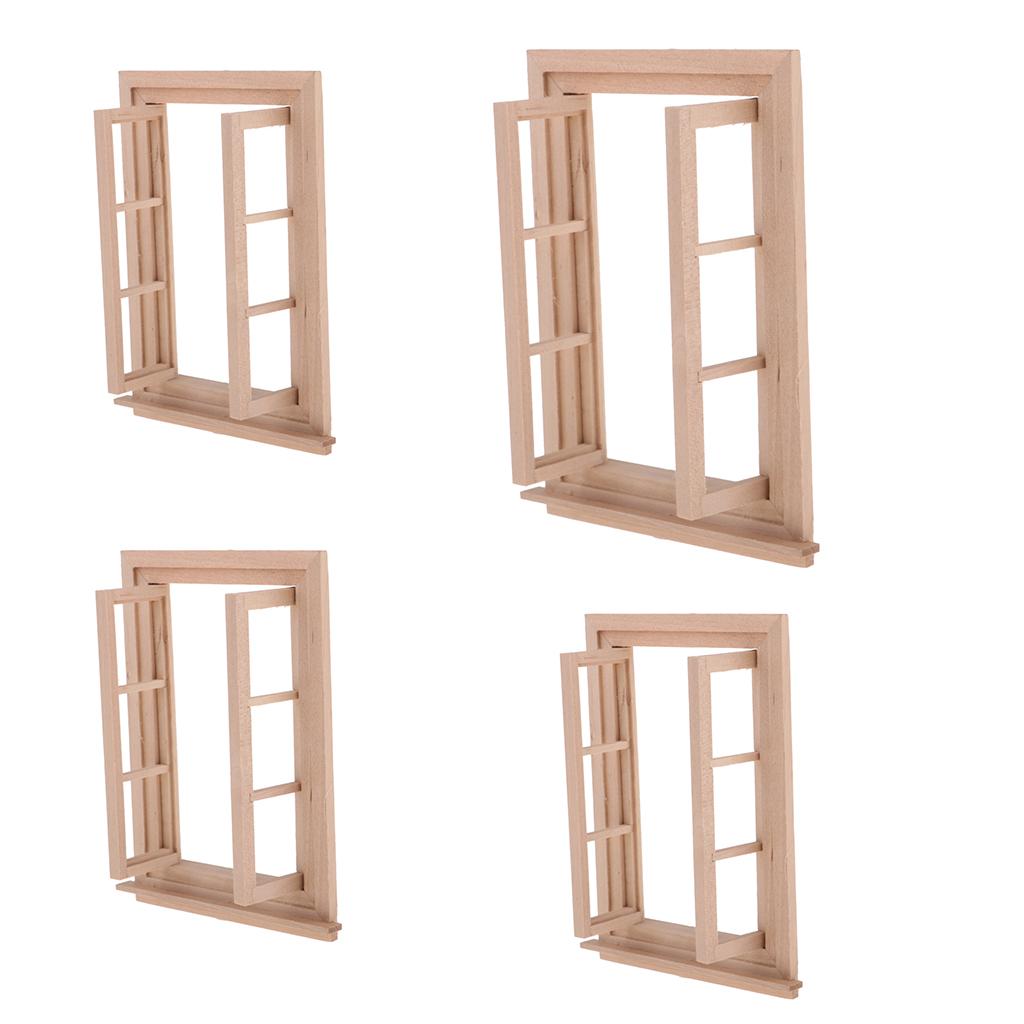 4x 1/12 Dollhouse Miniature Unpainted Wood 6 Pane Double Window Frame