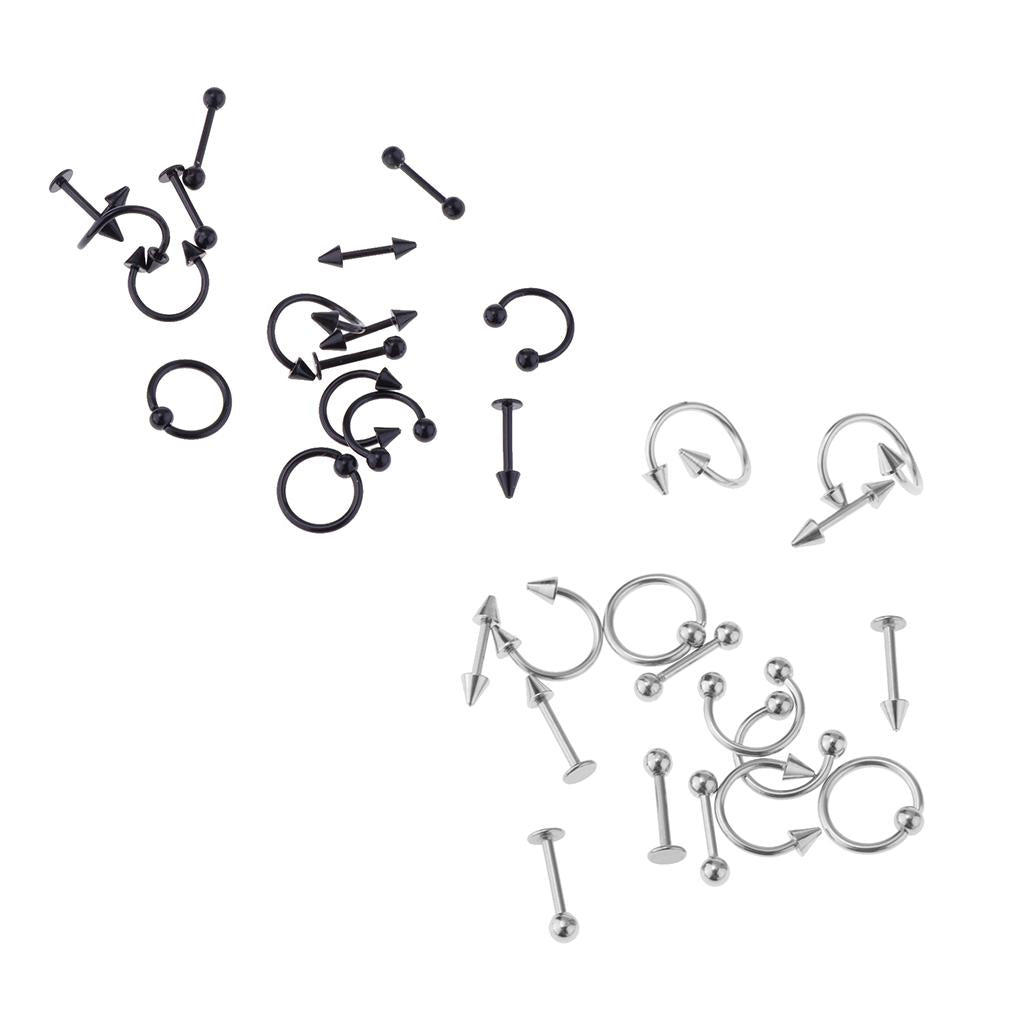 32 Pieces 16g Stainless Steel Assorted Eyebrow Ear Lip Navel Ring Piercing